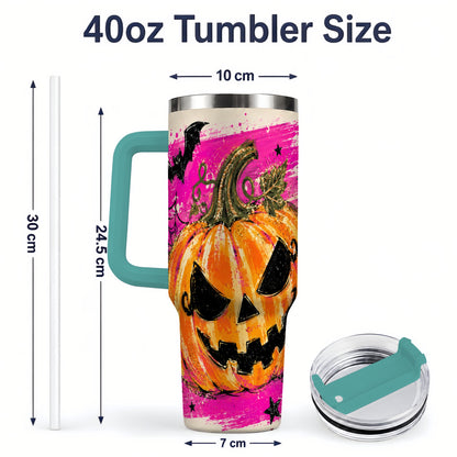 #pl[40oz|Green] Halloween Jack O Lantern Pumpkin 40oz Tumbler, Pink Bat Web Artwork