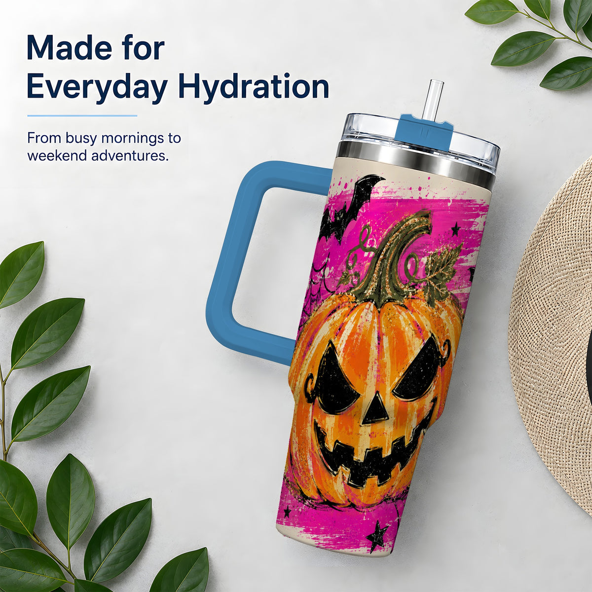 #pl[40oz|Blue] Halloween Jack O Lantern Pumpkin 40oz Tumbler, Pink Bat Web Artwork