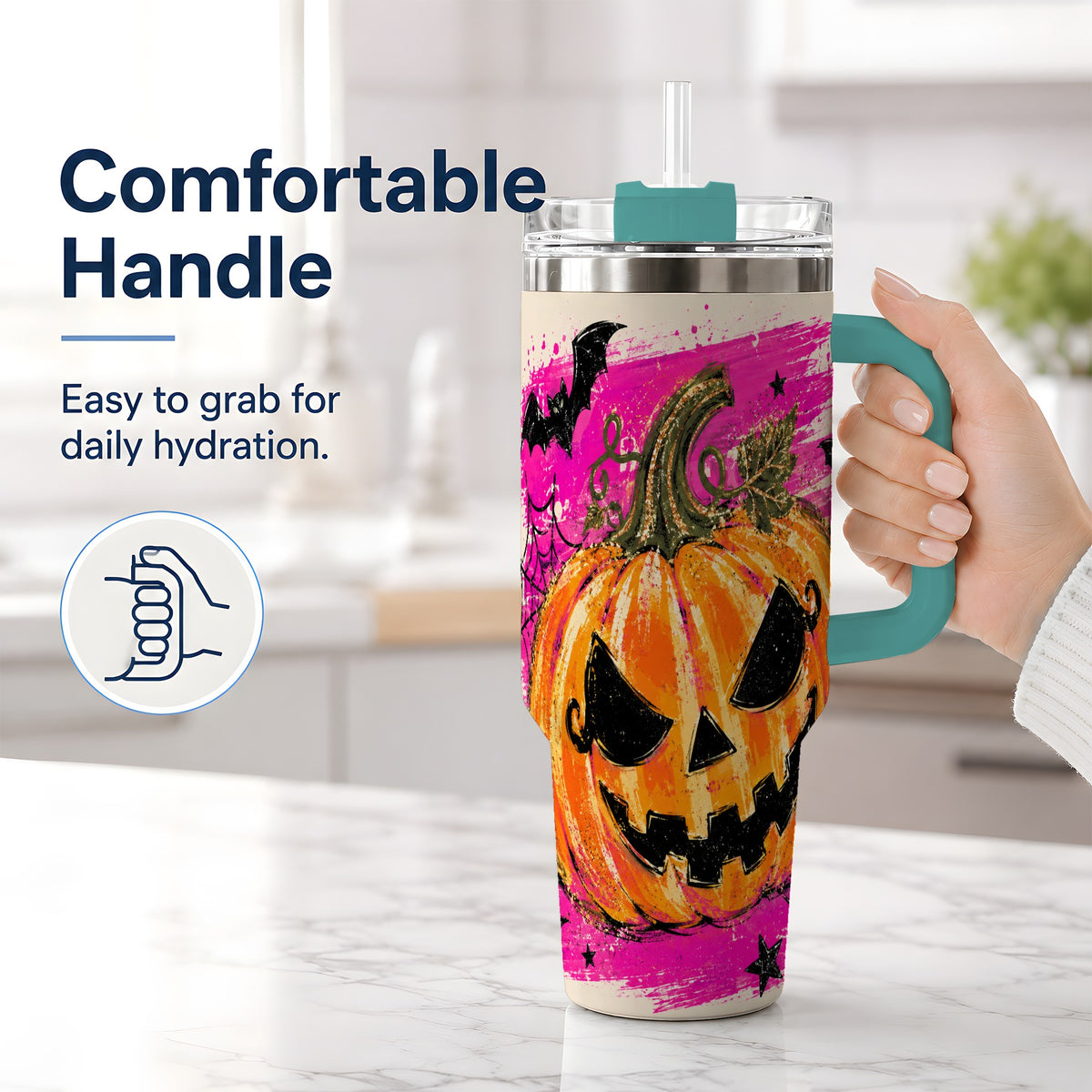 #pl[40oz|Green] Halloween Jack O Lantern Pumpkin 40oz Tumbler, Pink Bat Web Artwork