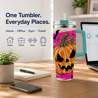 #pl[40oz|Green] Halloween Jack O Lantern Pumpkin 40oz Tumbler, Pink Bat Web Artwork
