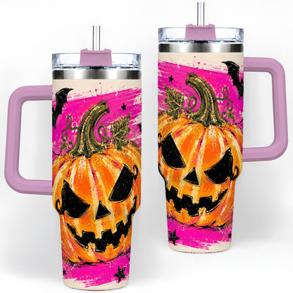 #pl[40oz|Pink] Halloween Jack O Lantern Pumpkin 40oz Tumbler, Pink Bat Web Artwork