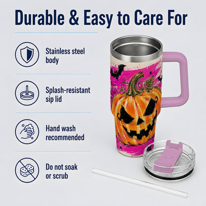 #pl[40oz|Pink] Halloween Jack O Lantern Pumpkin 40oz Tumbler, Pink Bat Web Artwork