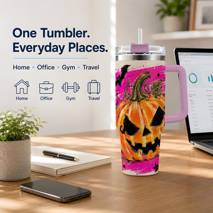 #pl[40oz|Pink] Halloween Jack O Lantern Pumpkin 40oz Tumbler, Pink Bat Web Artwork