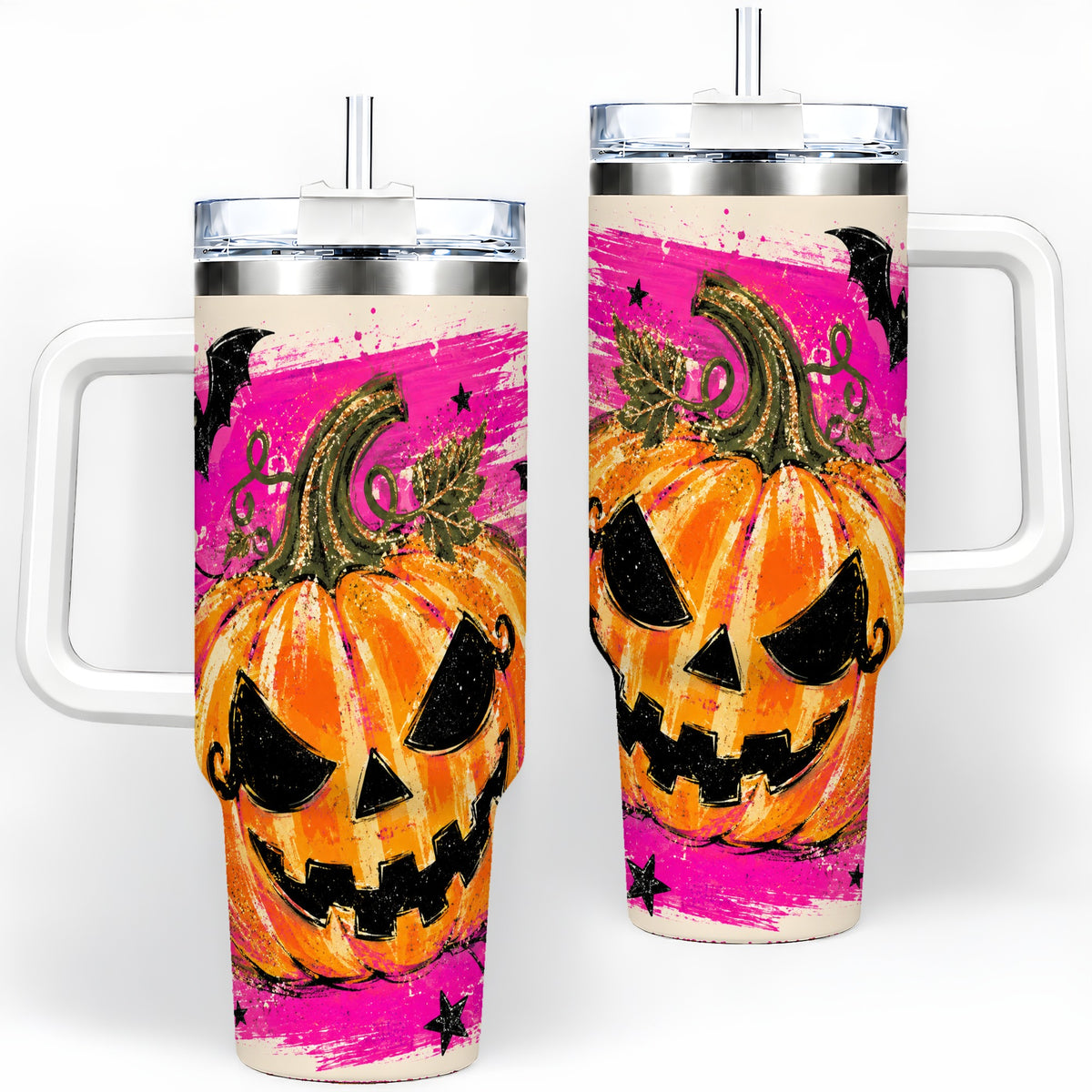 Halloween Jack O Lantern Pumpkin 40oz Tumbler, Pink Bat Web Artwork
