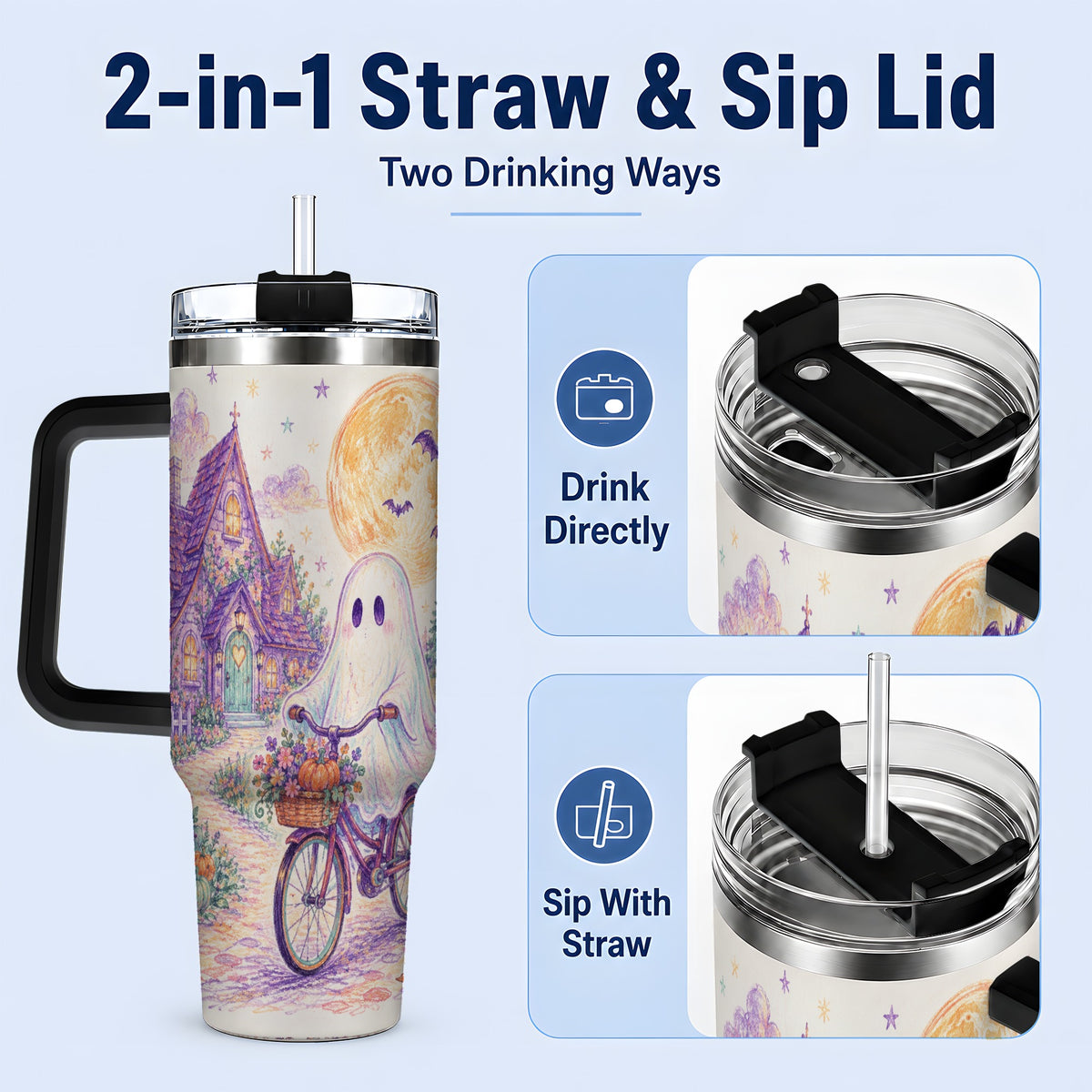 #pl[40oz|Black] Pastel Ghost Bicycle 40oz Tumbler, Cottage Moon Halloween Artwork
