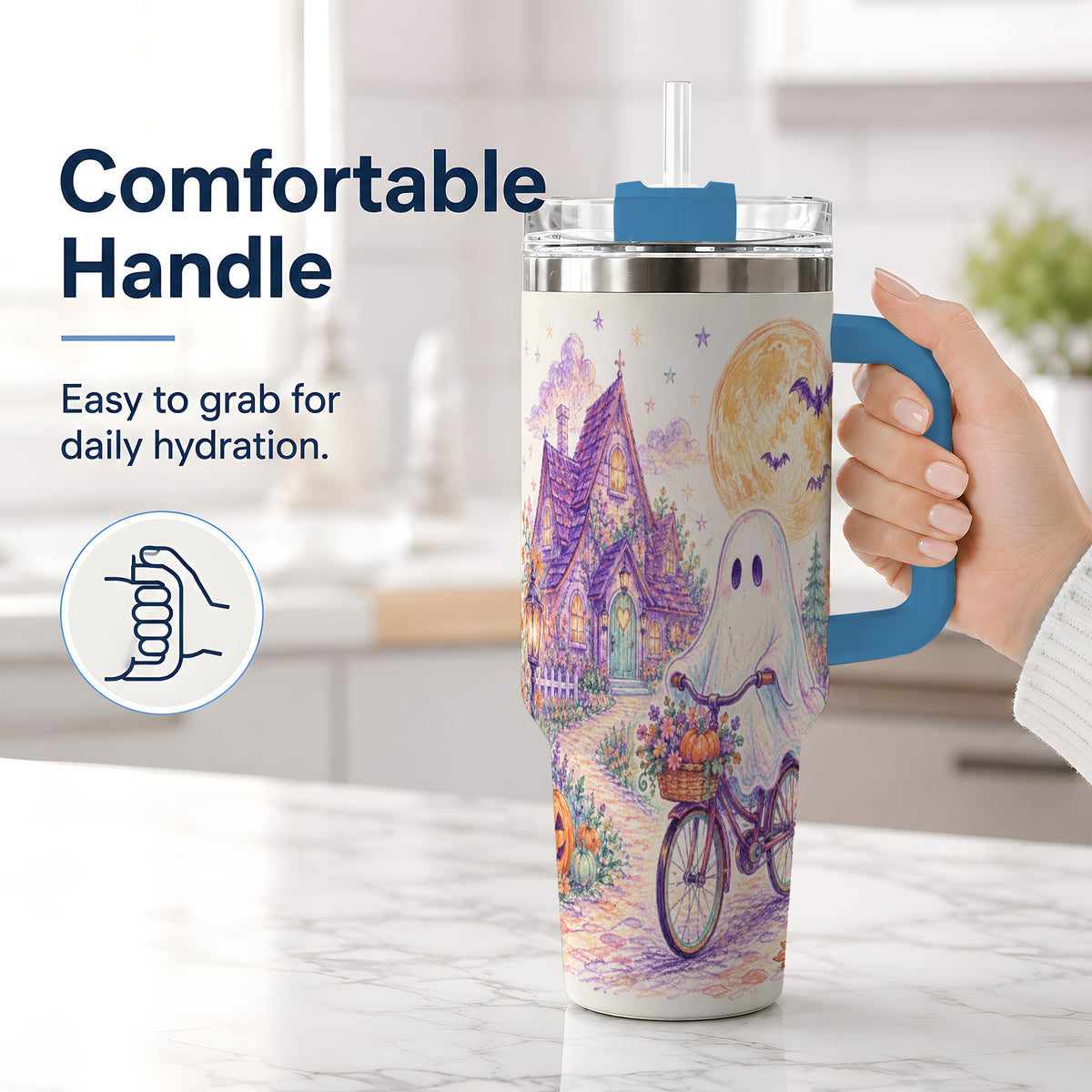 #pl[40oz|Blue] Pastel Ghost Bicycle 40oz Tumbler, Cottage Moon Halloween Artwork