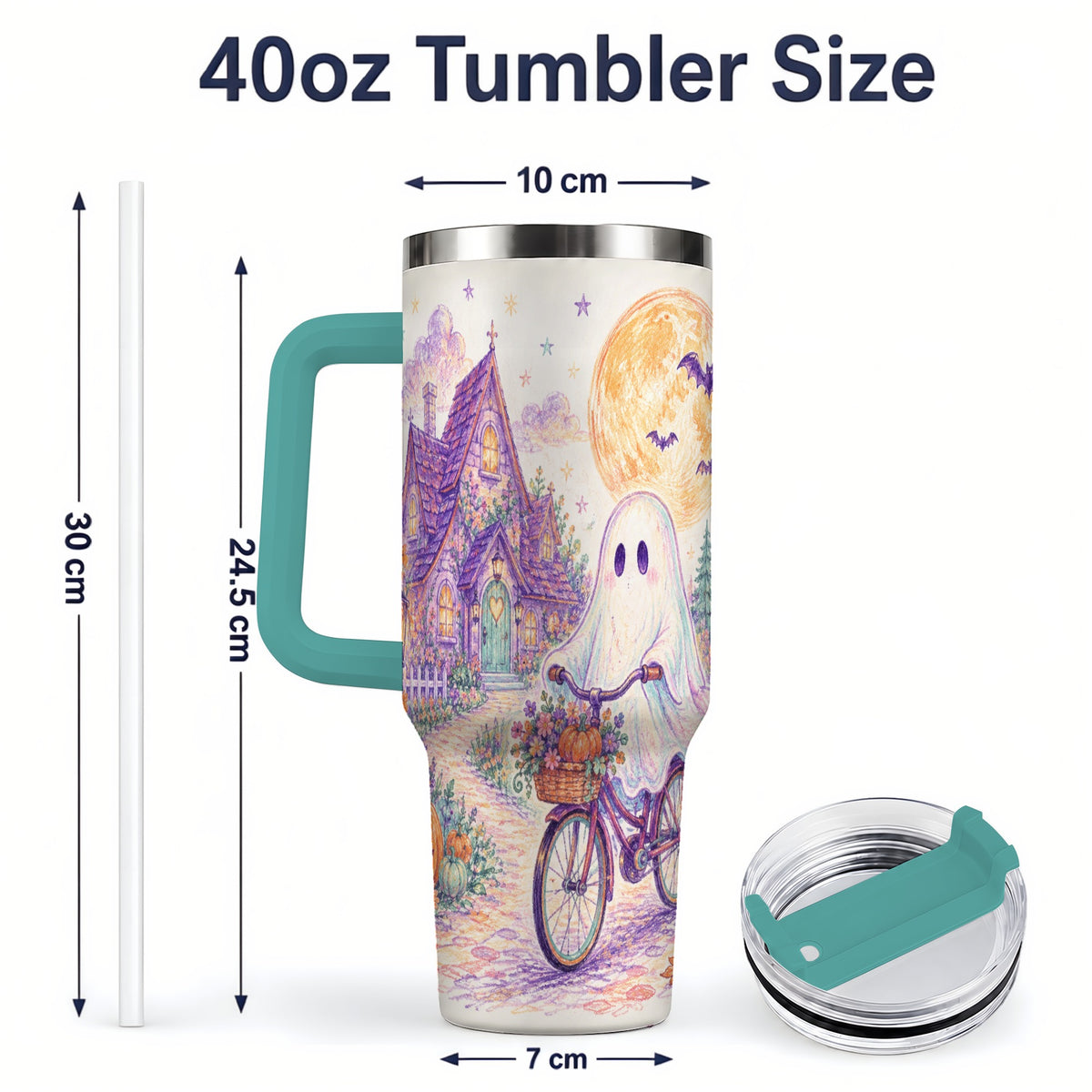 #pl[40oz|Green] Pastel Ghost Bicycle 40oz Tumbler, Cottage Moon Halloween Artwork