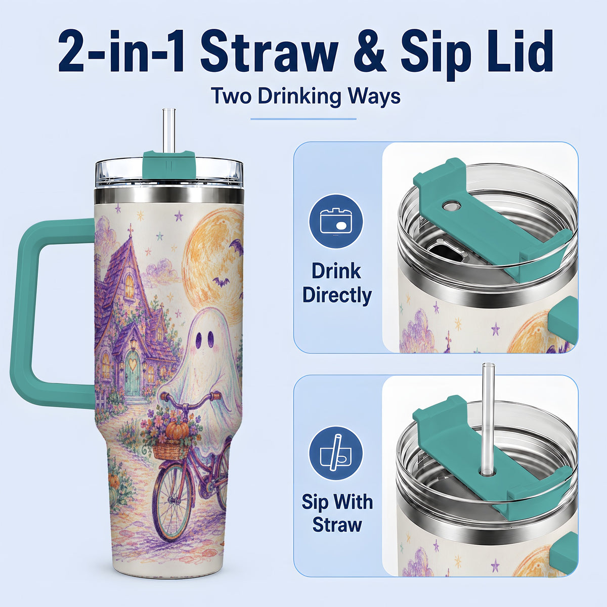 #pl[40oz|Green] Pastel Ghost Bicycle 40oz Tumbler, Cottage Moon Halloween Artwork