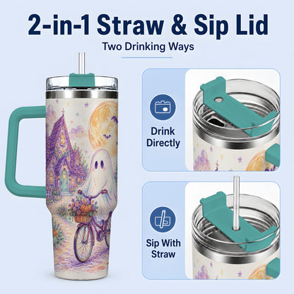 #pl[40oz|Green] Pastel Ghost Bicycle 40oz Tumbler, Cottage Moon Halloween Artwork