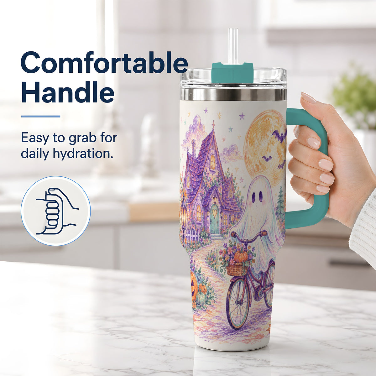 #pl[40oz|Green] Pastel Ghost Bicycle 40oz Tumbler, Cottage Moon Halloween Artwork