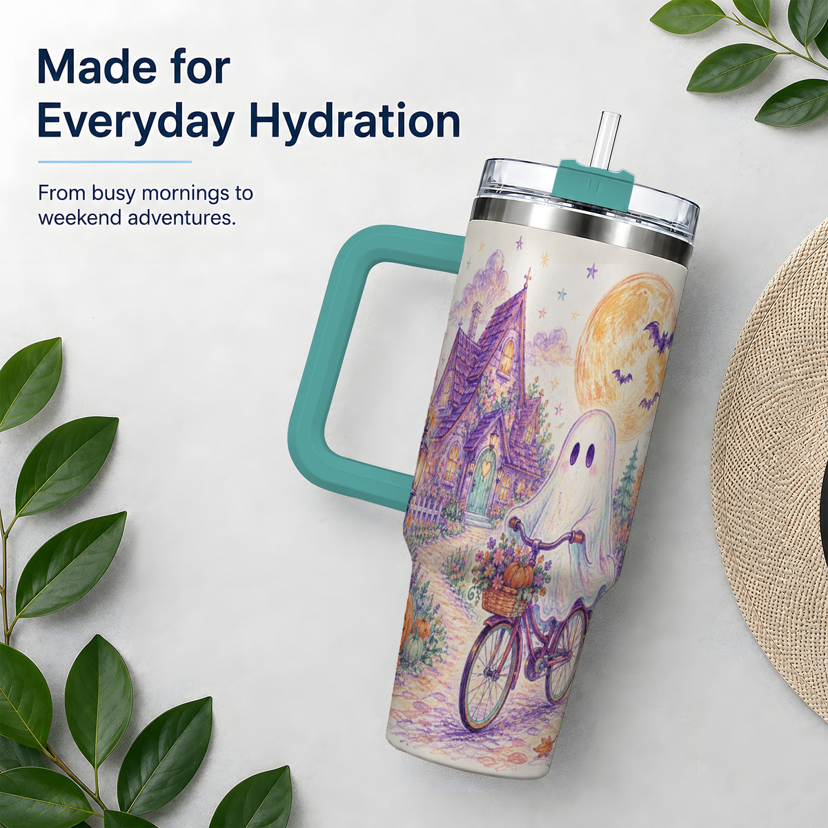 #pl[40oz|Green] Pastel Ghost Bicycle 40oz Tumbler, Cottage Moon Halloween Artwork