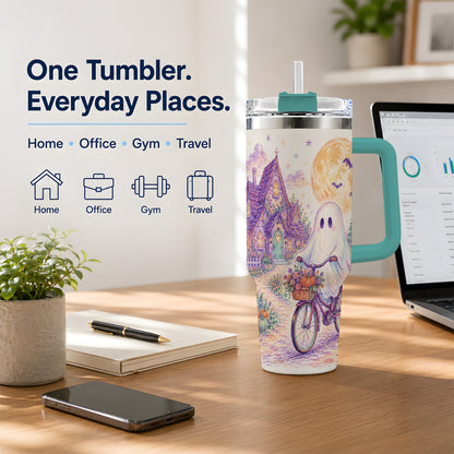 #pl[40oz|Green] Pastel Ghost Bicycle 40oz Tumbler, Cottage Moon Halloween Artwork