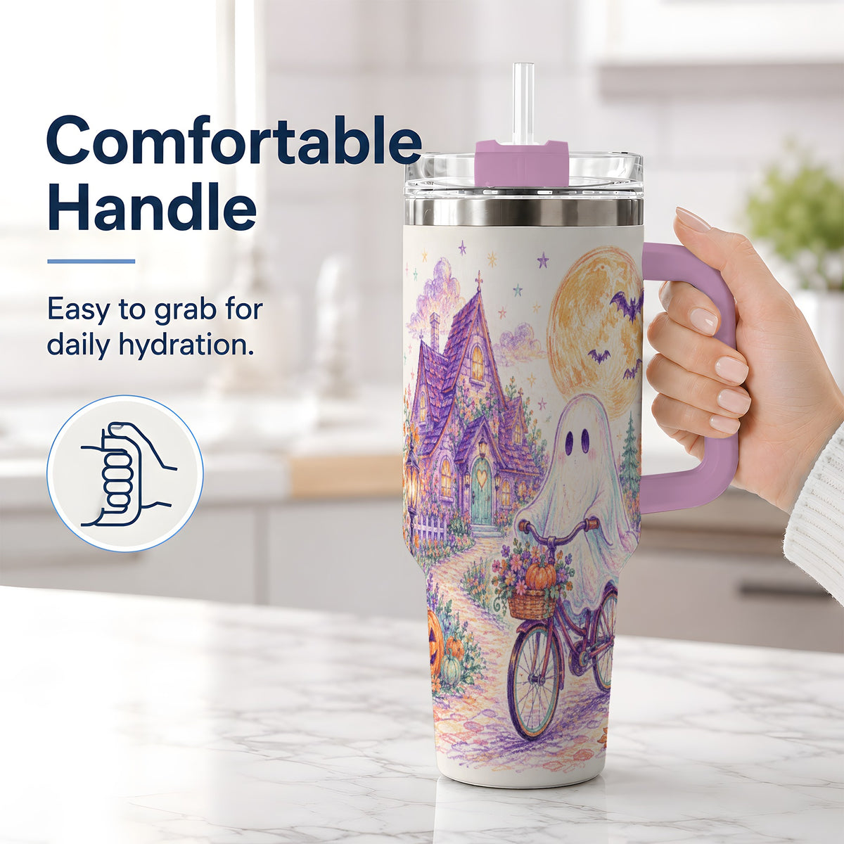 #pl[40oz|Pink] Pastel Ghost Bicycle 40oz Tumbler, Cottage Moon Halloween Artwork
