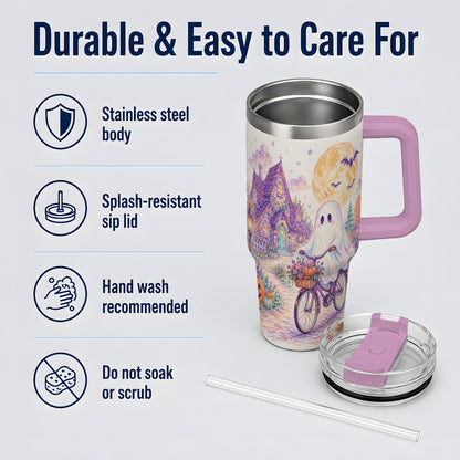 #pl[40oz|Pink] Pastel Ghost Bicycle 40oz Tumbler, Cottage Moon Halloween Artwork