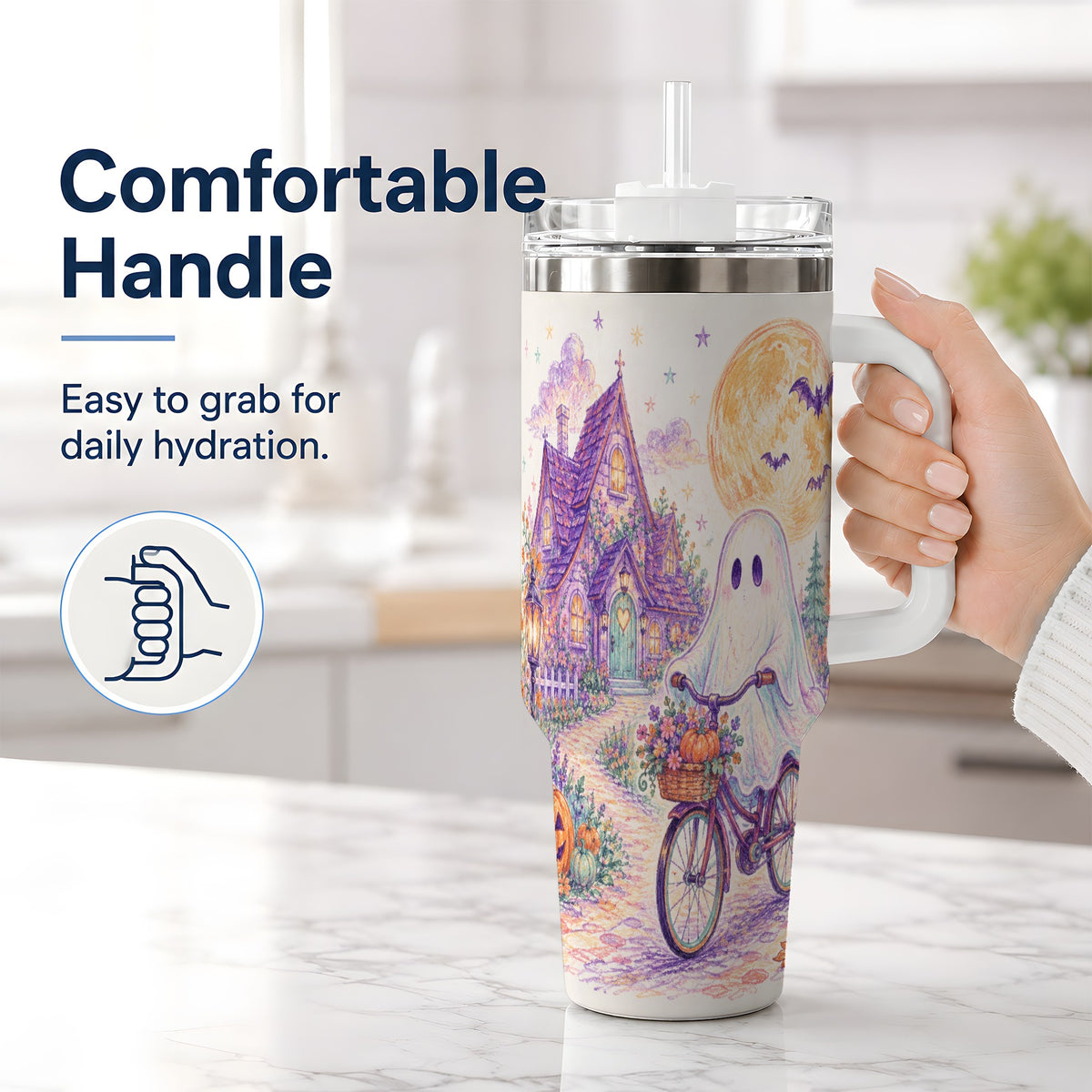 #pl[40oz|White] Pastel Ghost Bicycle 40oz Tumbler, Cottage Moon Halloween Artwork