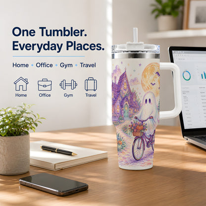 #pl[40oz|White] Pastel Ghost Bicycle 40oz Tumbler, Cottage Moon Halloween Artwork