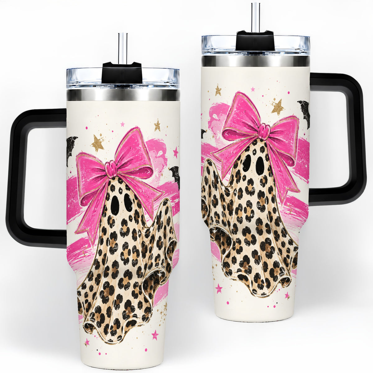 #pl[40oz|Black] Leopard Print Ghost Bow 40oz Tumbler, Pink Bat Star Halloween Art