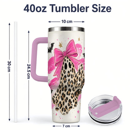#pl[40oz|Pink] Leopard Print Ghost Bow 40oz Tumbler, Pink Bat Star Halloween Art