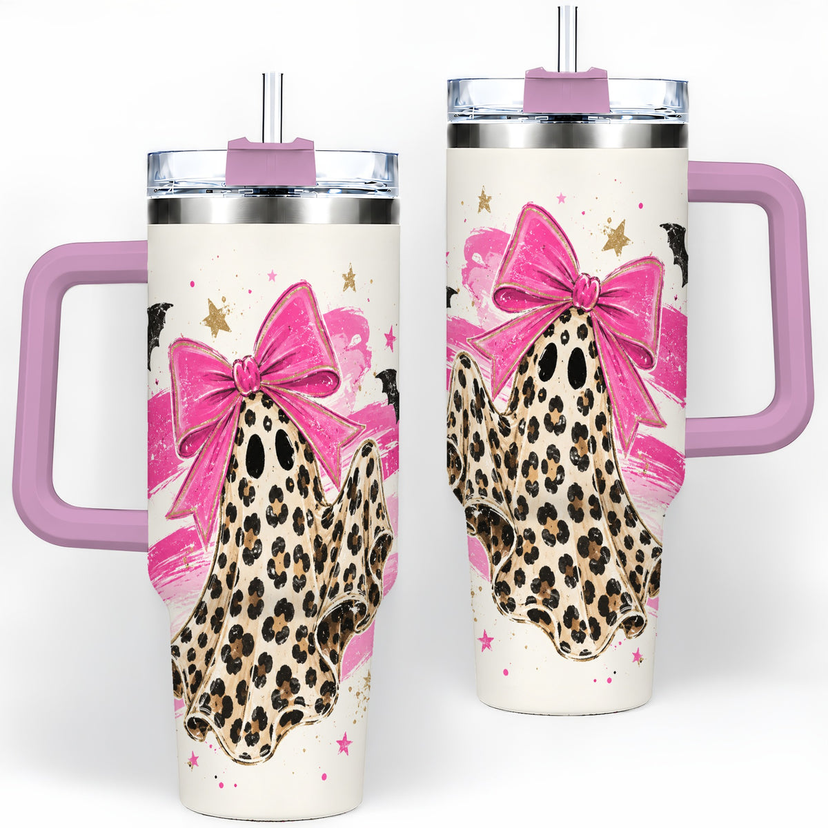 #pl[40oz|Pink] Leopard Print Ghost Bow 40oz Tumbler, Pink Bat Star Halloween Art
