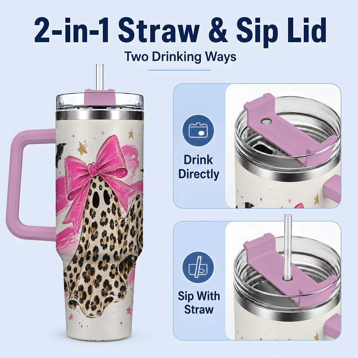 #pl[40oz|Pink] Leopard Print Ghost Bow 40oz Tumbler, Pink Bat Star Halloween Art