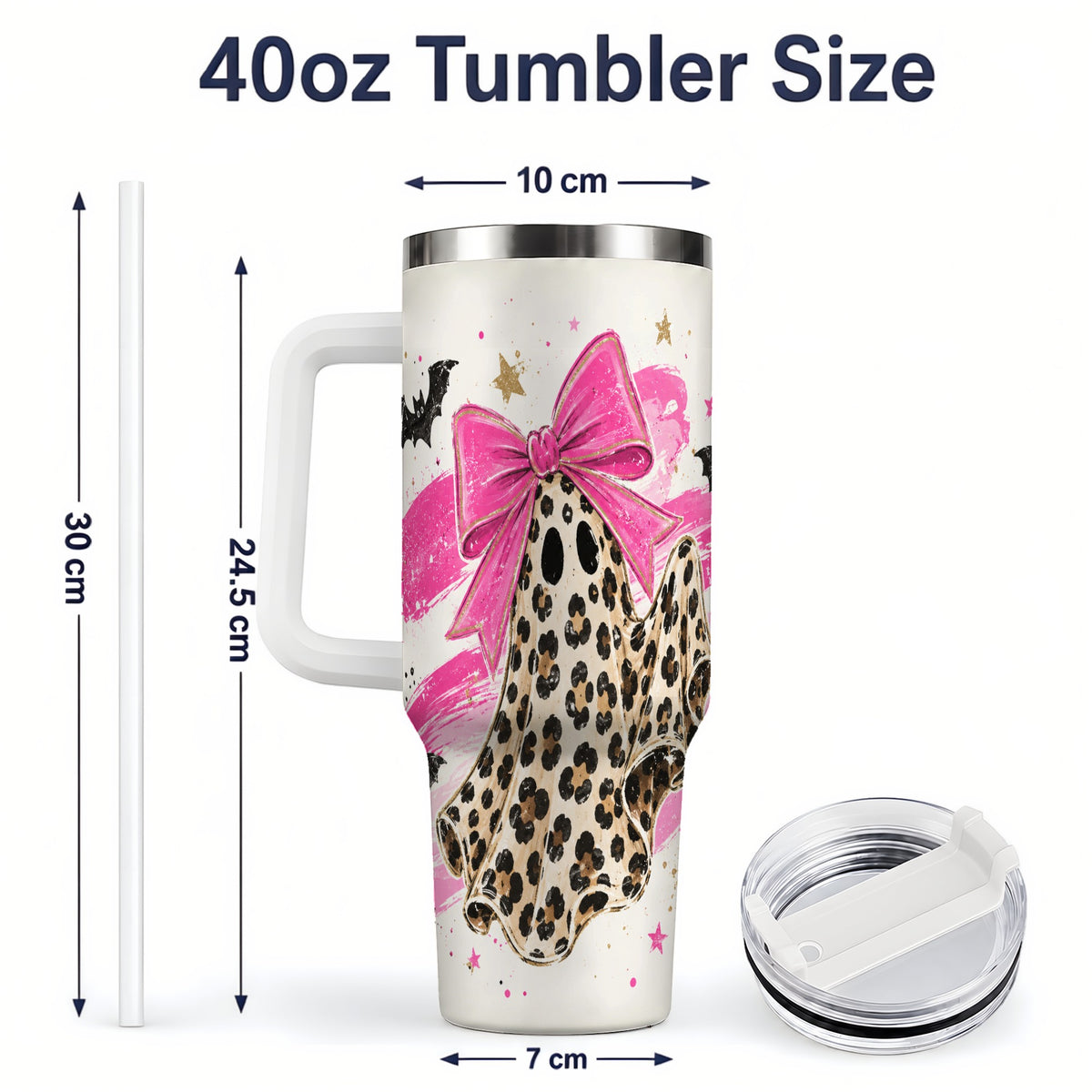 #pl[40oz|White] Leopard Print Ghost Bow 40oz Tumbler, Pink Bat Star Halloween Art