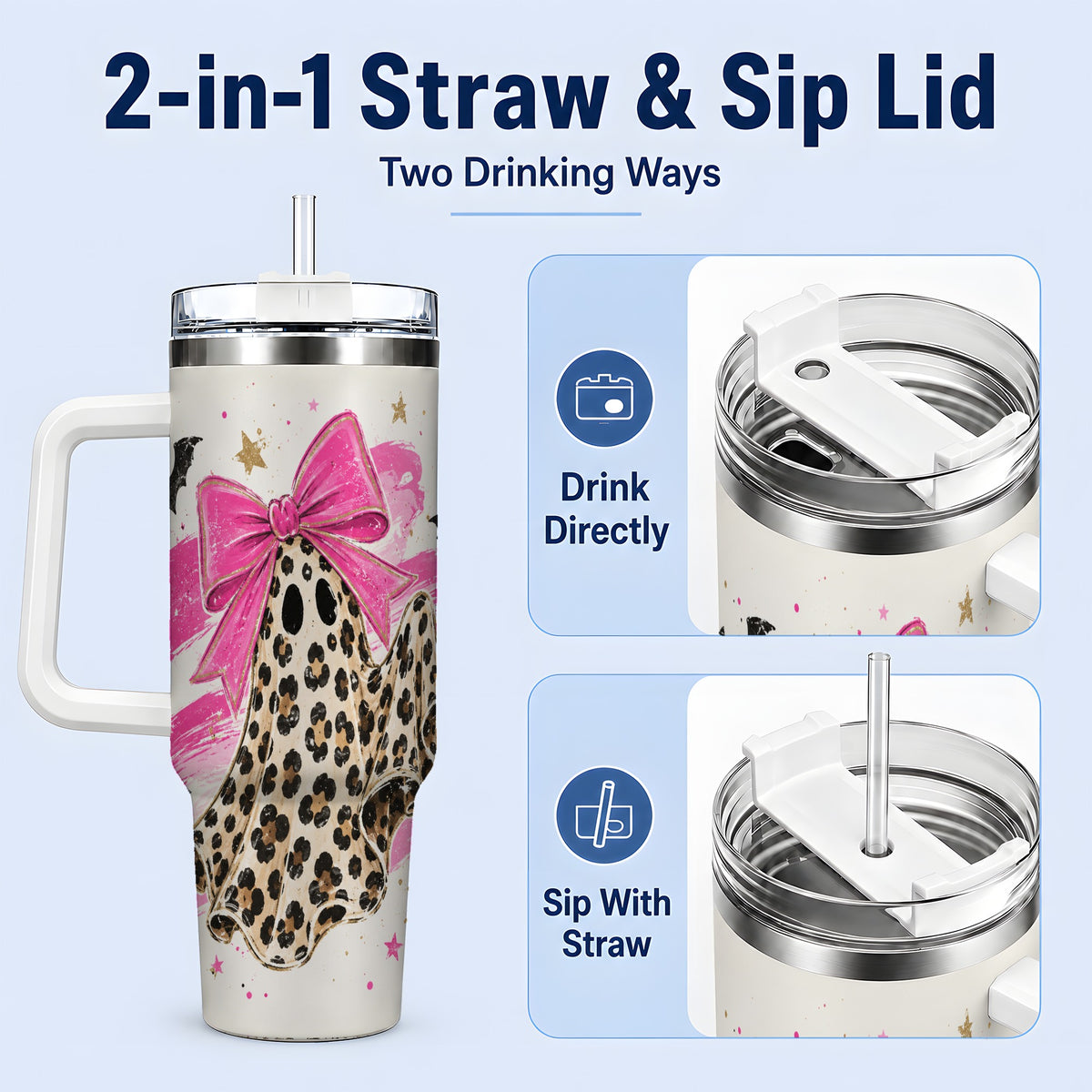 #pl[40oz|White] Leopard Print Ghost Bow 40oz Tumbler, Pink Bat Star Halloween Art