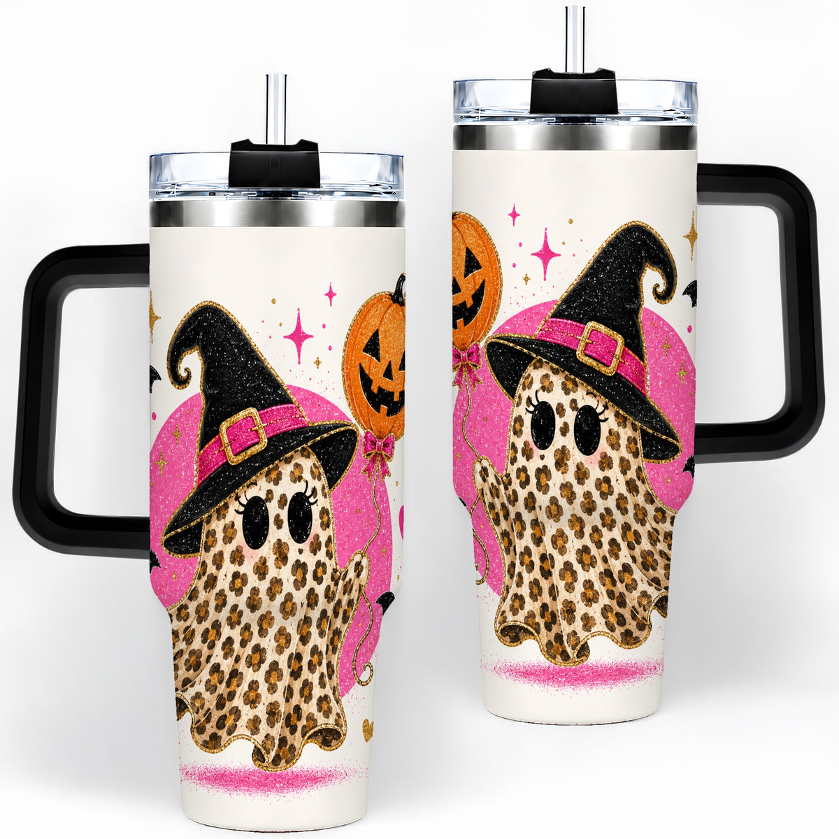 #pl[40oz|Black] Leopard Witch Ghost 40oz Tumbler, Pumpkin Balloon Halloween Artwork