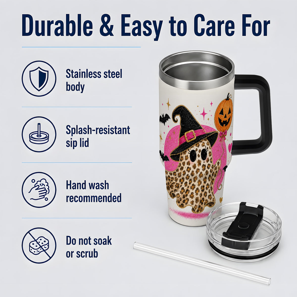 #pl[40oz|Black] Leopard Witch Ghost 40oz Tumbler, Pumpkin Balloon Halloween Artwork