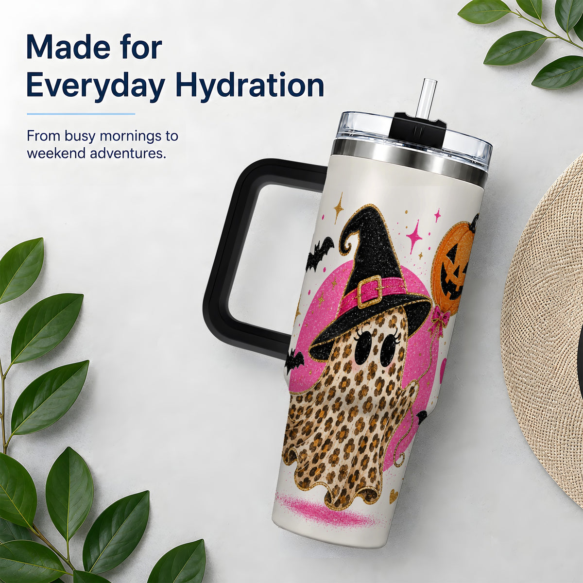 #pl[40oz|Black] Leopard Witch Ghost 40oz Tumbler, Pumpkin Balloon Halloween Artwork