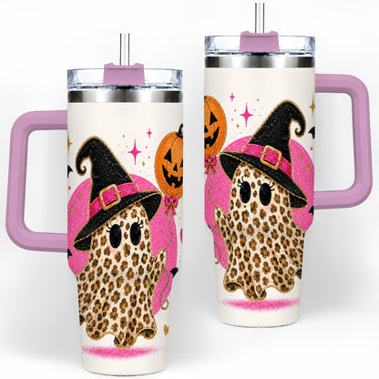 #pl[40oz|Pink] Leopard Witch Ghost 40oz Tumbler, Pumpkin Balloon Halloween Artwork