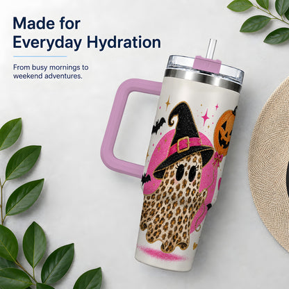 #pl[40oz|Pink] Leopard Witch Ghost 40oz Tumbler, Pumpkin Balloon Halloween Artwork
