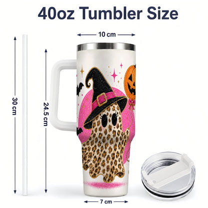 #pl[40oz|White] Leopard Witch Ghost 40oz Tumbler, Pumpkin Balloon Halloween Artwork