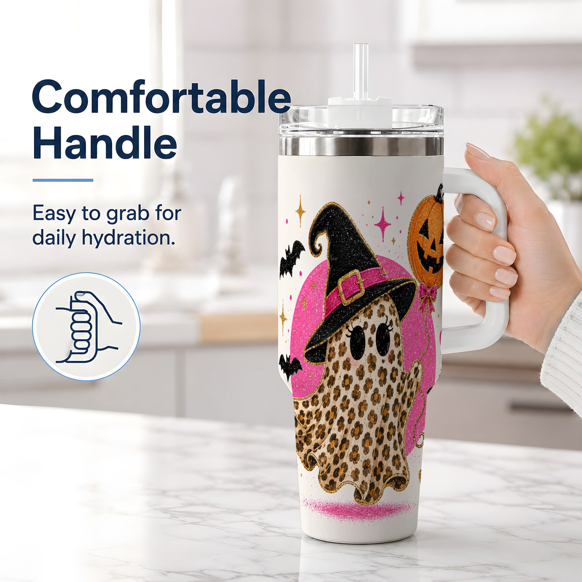 #pl[40oz|White] Leopard Witch Ghost 40oz Tumbler, Pumpkin Balloon Halloween Artwork