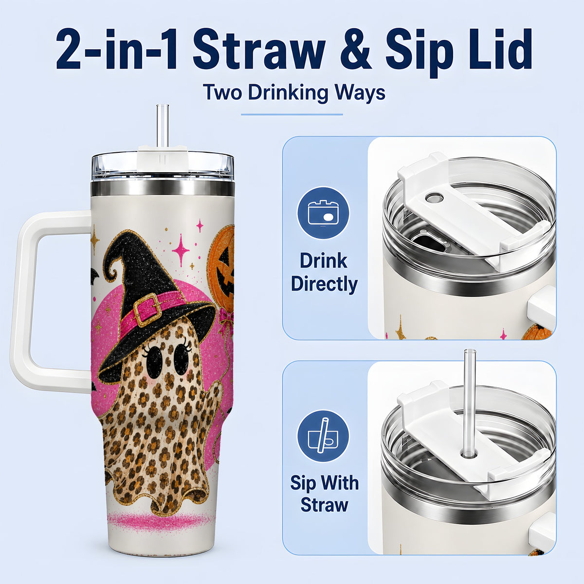 #pl[40oz|White] Leopard Witch Ghost 40oz Tumbler, Pumpkin Balloon Halloween Artwork