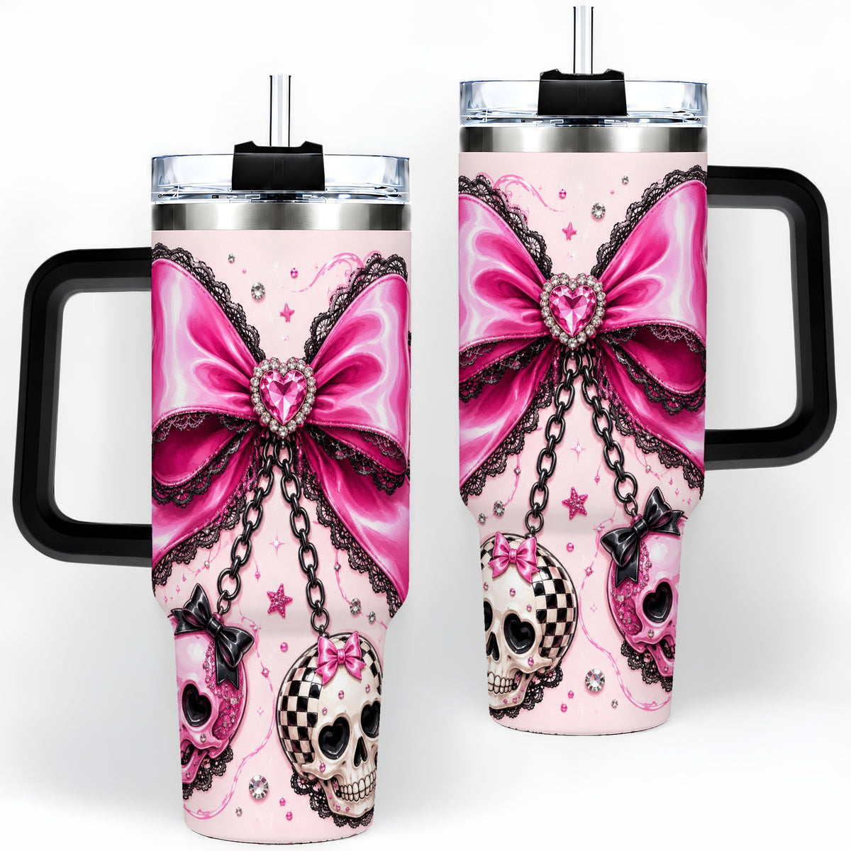 #pl[40oz|Black] Pink Gothic Bow Skull 40oz Tumbler, Bat Lace Coquette Halloween Art