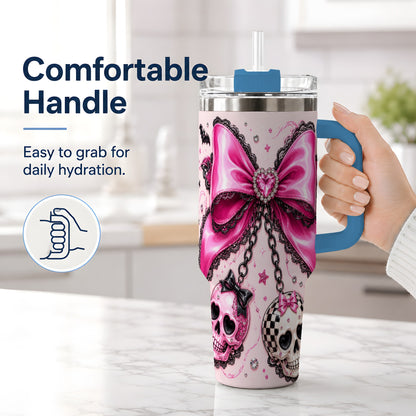 #pl[40oz|Blue] Pink Gothic Bow Skull 40oz Tumbler, Bat Lace Coquette Halloween Art