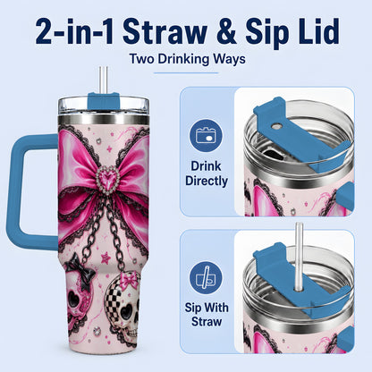 #pl[40oz|Blue] Pink Gothic Bow Skull 40oz Tumbler, Bat Lace Coquette Halloween Art