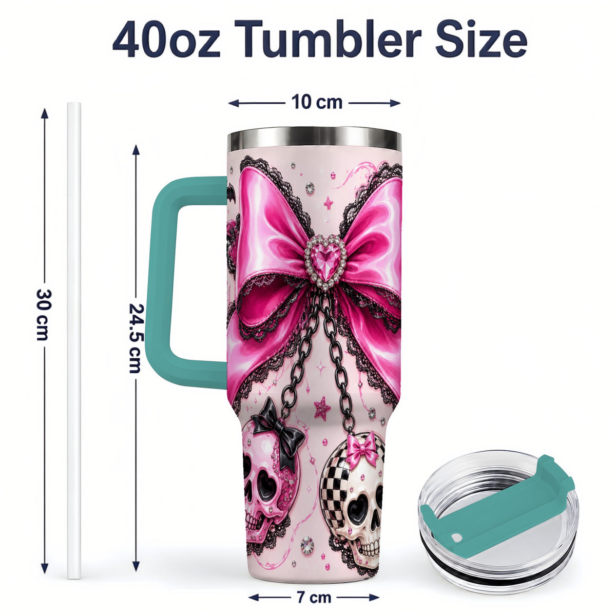 #pl[40oz|Green] Pink Gothic Bow Skull 40oz Tumbler, Bat Lace Coquette Halloween Art