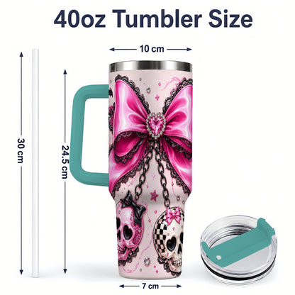 #pl[40oz|Green] Pink Gothic Bow Skull 40oz Tumbler, Bat Lace Coquette Halloween Art