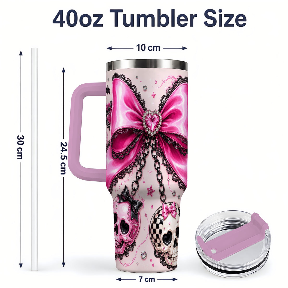 #pl[40oz|Pink] Pink Gothic Bow Skull 40oz Tumbler, Bat Lace Coquette Halloween Art