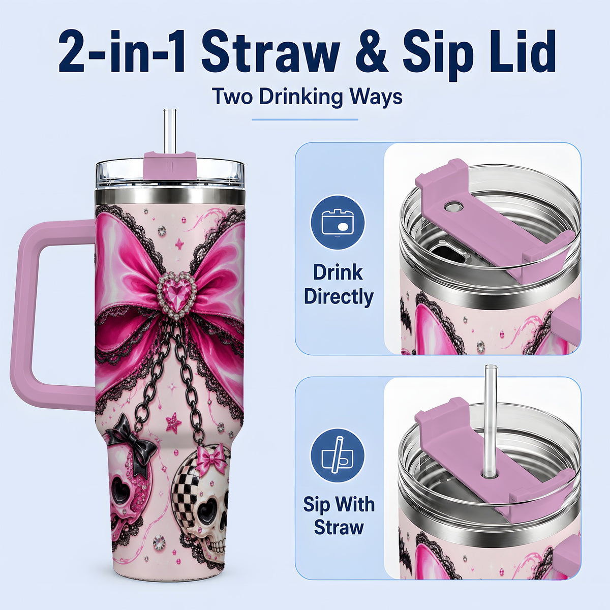 #pl[40oz|Pink] Pink Gothic Bow Skull 40oz Tumbler, Bat Lace Coquette Halloween Art