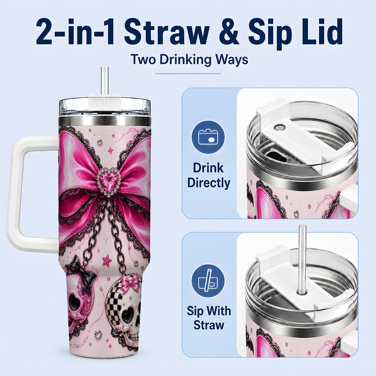 #pl[40oz|White] Pink Gothic Bow Skull 40oz Tumbler, Bat Lace Coquette Halloween Art