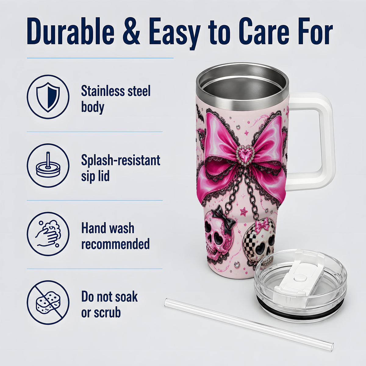 #pl[40oz|White] Pink Gothic Bow Skull 40oz Tumbler, Bat Lace Coquette Halloween Art