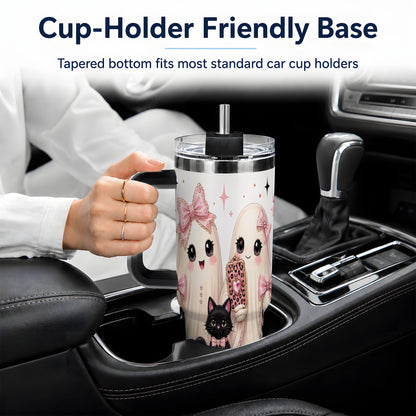 #pl[40oz|Black] Pink Bow Ghost Cat 40oz Tumbler, Stainless Steel Halloween Drinkware