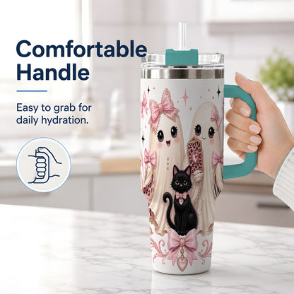 #pl[40oz|Green] Pink Bow Ghost Cat 40oz Tumbler, Stainless Steel Halloween Drinkware