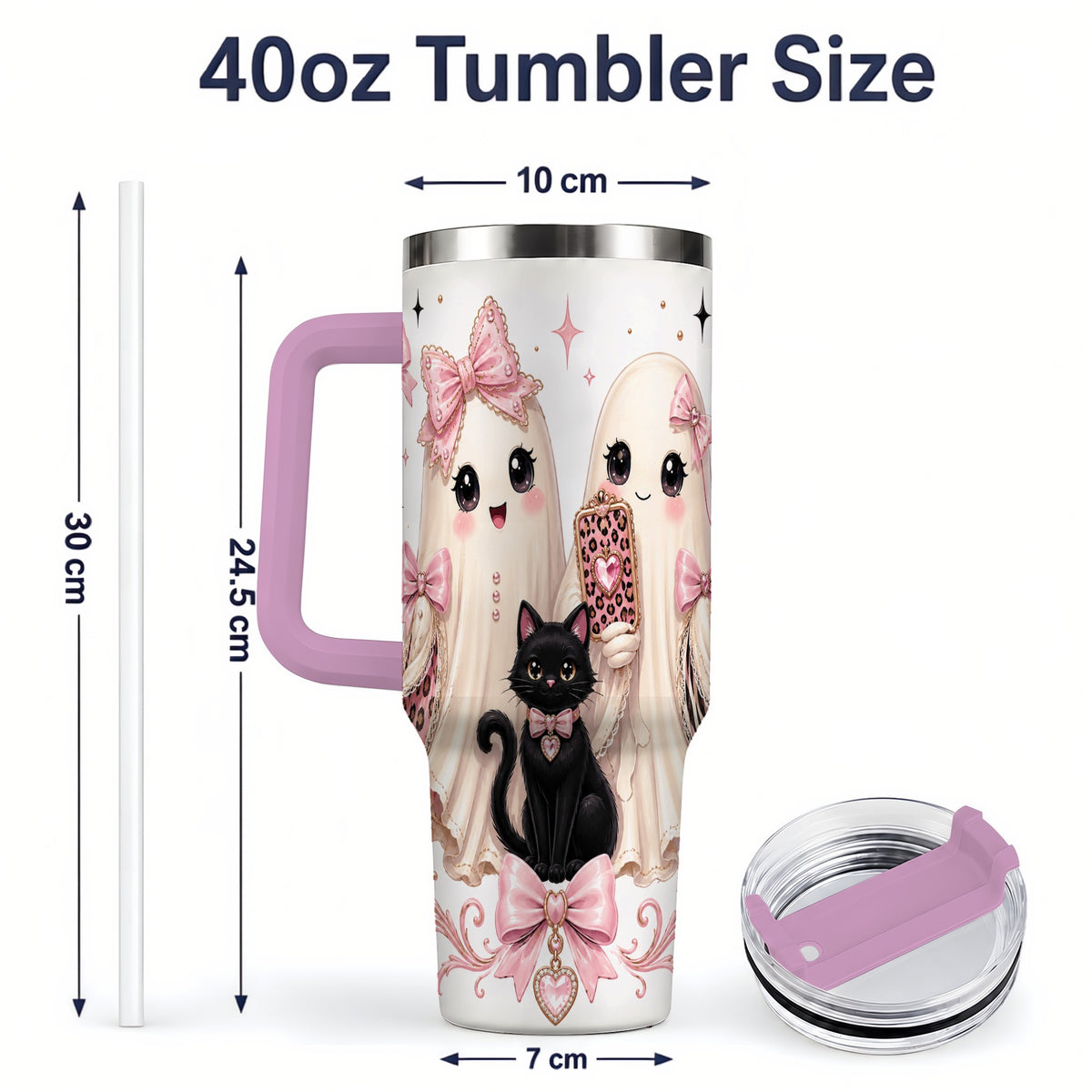 #pl[40oz|Pink] Pink Bow Ghost Cat 40oz Tumbler, Stainless Steel Halloween Drinkware