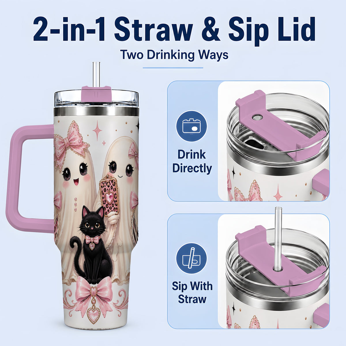 #pl[40oz|Pink] Pink Bow Ghost Cat 40oz Tumbler, Stainless Steel Halloween Drinkware