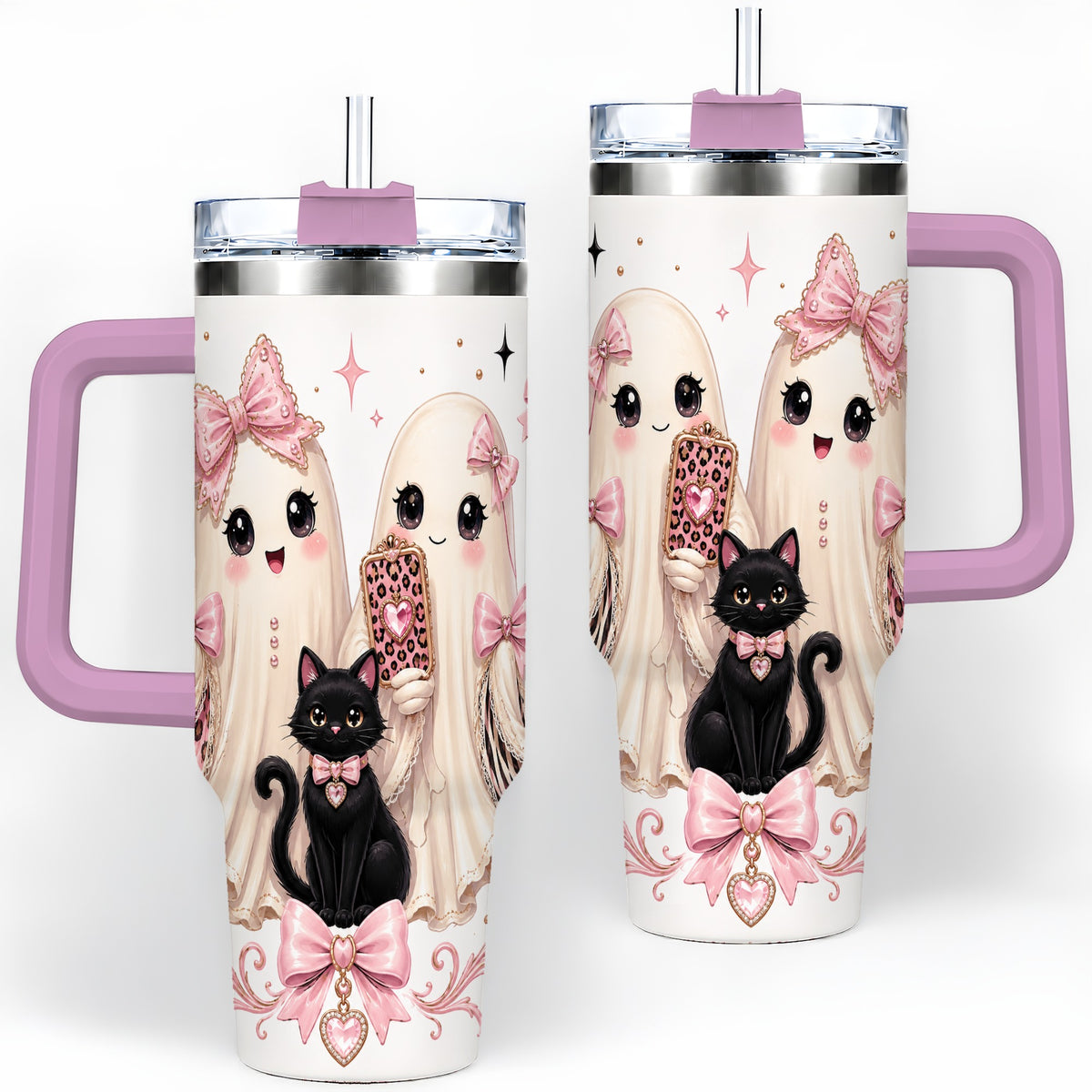 #pl[40oz|Pink] Pink Bow Ghost Cat 40oz Tumbler, Stainless Steel Halloween Drinkware