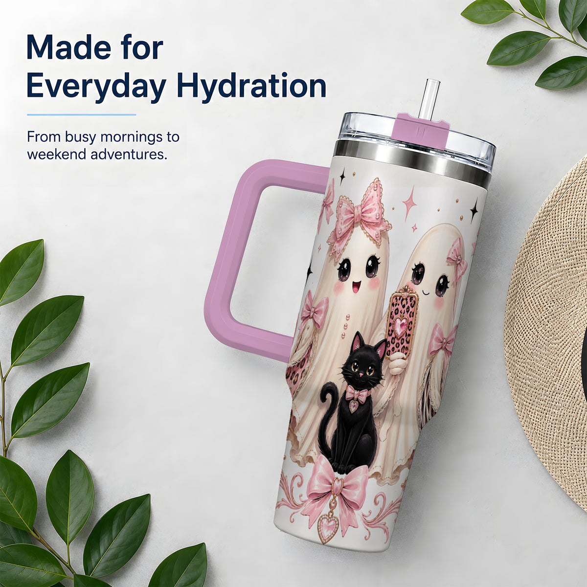 #pl[40oz|Pink] Pink Bow Ghost Cat 40oz Tumbler, Stainless Steel Halloween Drinkware