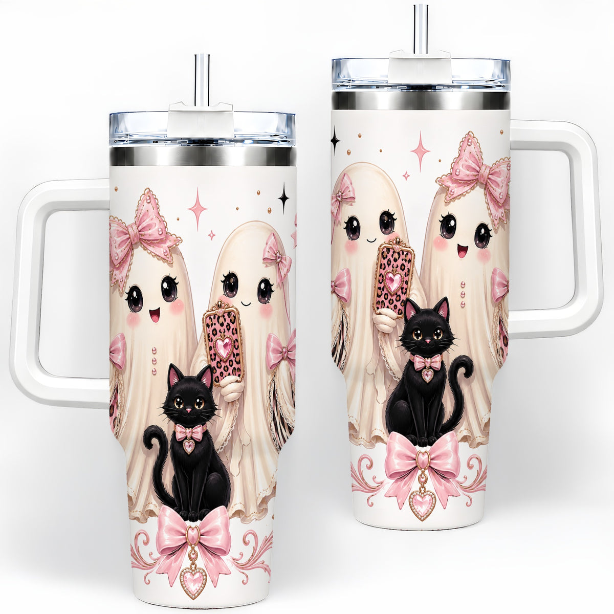 Pink Bow Ghost Cat 40oz Tumbler, Stainless Steel Halloween Drinkware